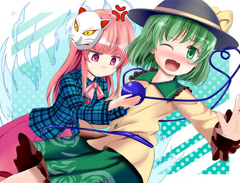 Two Anime Girls — Green, Playful, Cat Mask