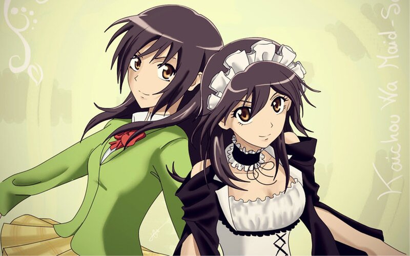 Two Anime Girls — Green, Playful, Maid Outfit