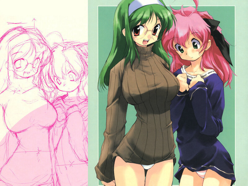Two Anime Girls — Green, Playful, Sketch