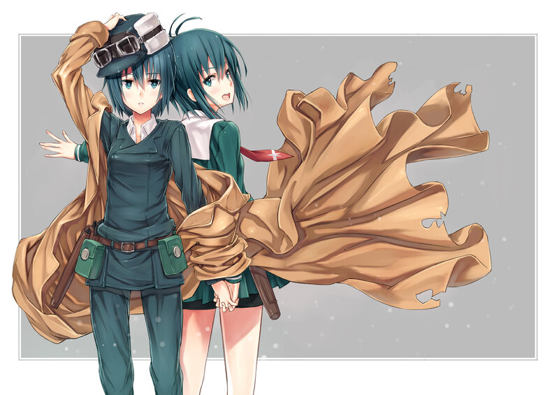 Two Anime Girls Holding Coats