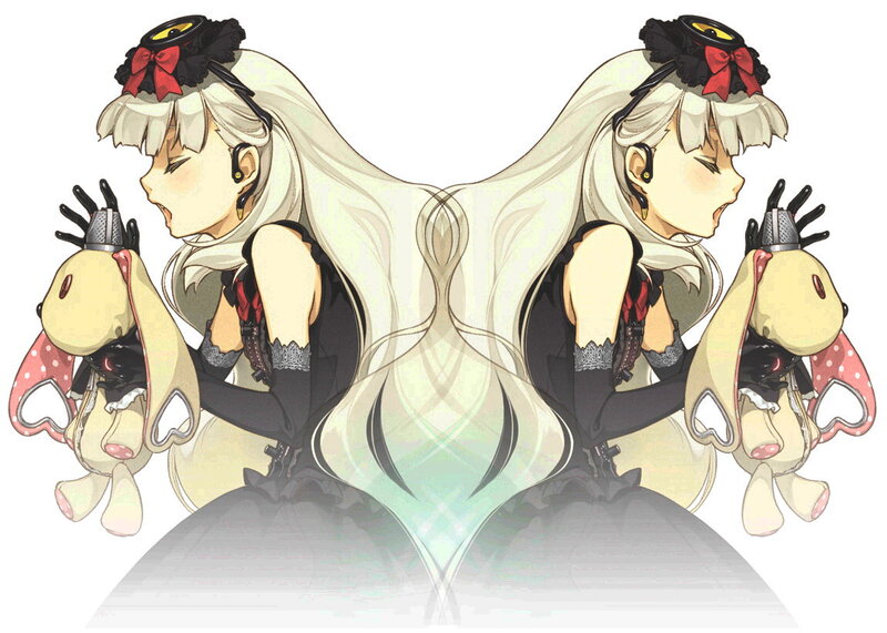 Two Anime Girls Holding Dolls — White