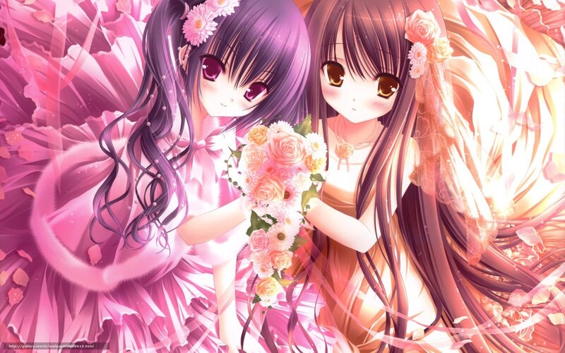 Two Anime Girls Holding Flowers — Pink