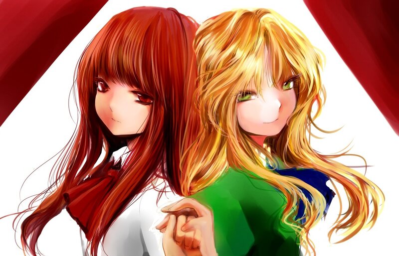 two anime girls holding hands