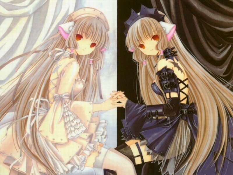 Two anime girls holding hands