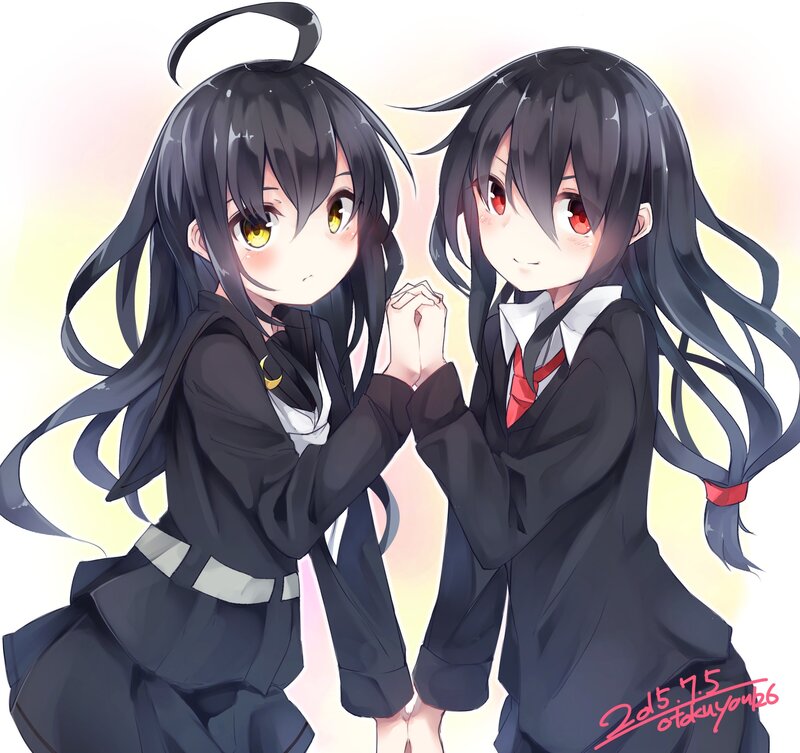Two Anime Girls Holding Hands — Black, Friendly