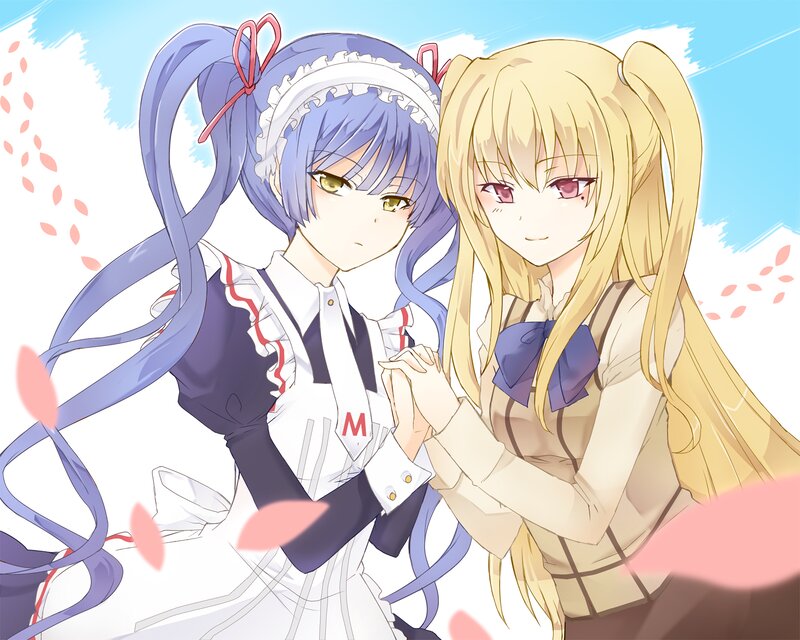 Two Anime Girls Holding Hands — Blue, Calm, Spring