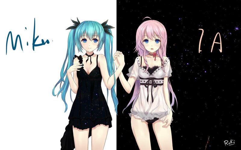 Two Anime Girls Holding Hands — Blue, Calm