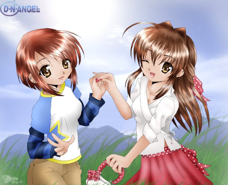 Two Anime Girls Holding Hands — Blue, Cheerful