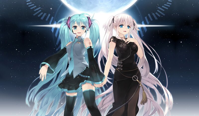 Two Anime Girls Holding Hands — Blue, Dramatic, Night