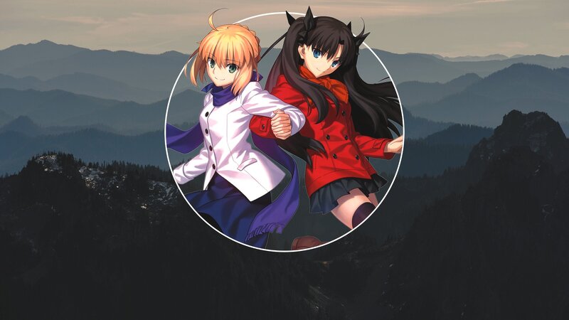 Two Anime Girls Holding Hands — Blue, Dramatic, Sunset, Mountains