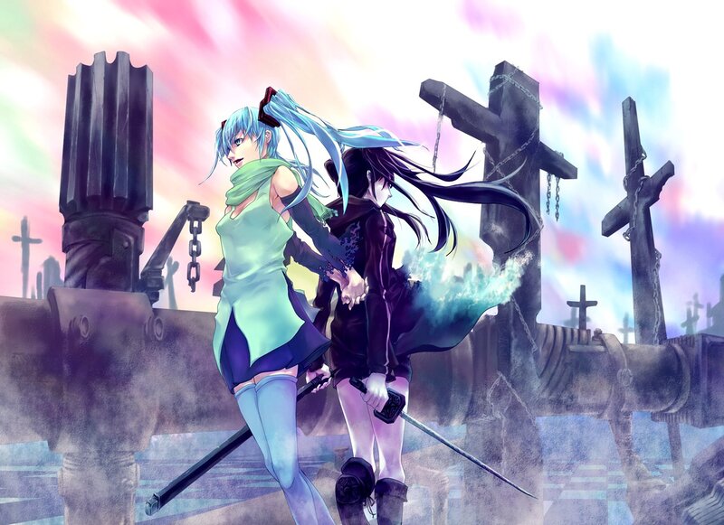 Two Anime Girls Holding Hands — Blue, Dramatic, Sunset