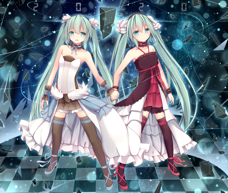 Two Anime Girls Holding Hands — Blue, Dreamy, Night