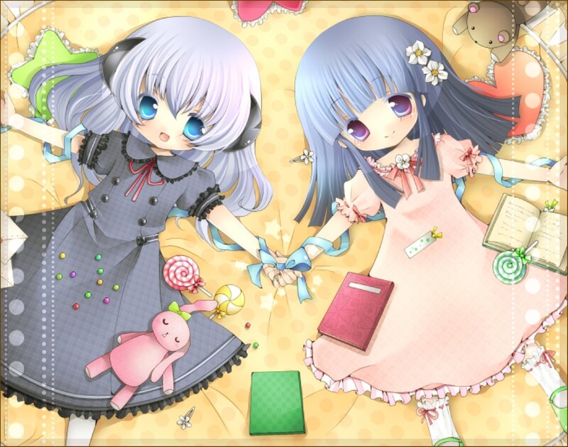 Two Anime Girls Holding Hands — Blue, Playful