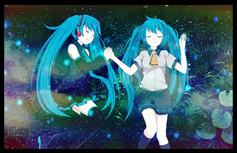 Two Anime Girls Holding Hands — Blue, Serene, Night