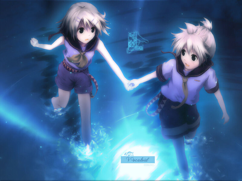 Two Anime Girls Holding Hands — Blue, Serene
