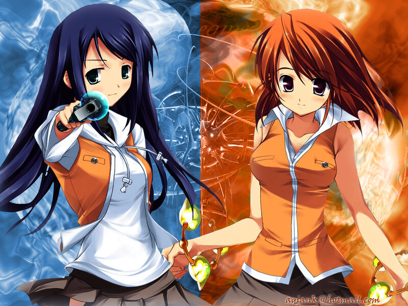 Two Anime Girls Holding Hands — Blue