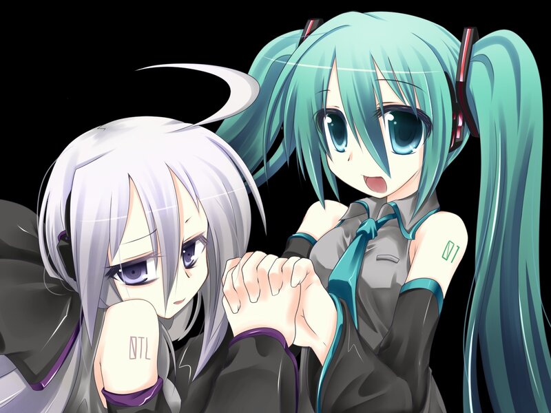 Two Anime Girls Holding Hands — Cyan, Playful