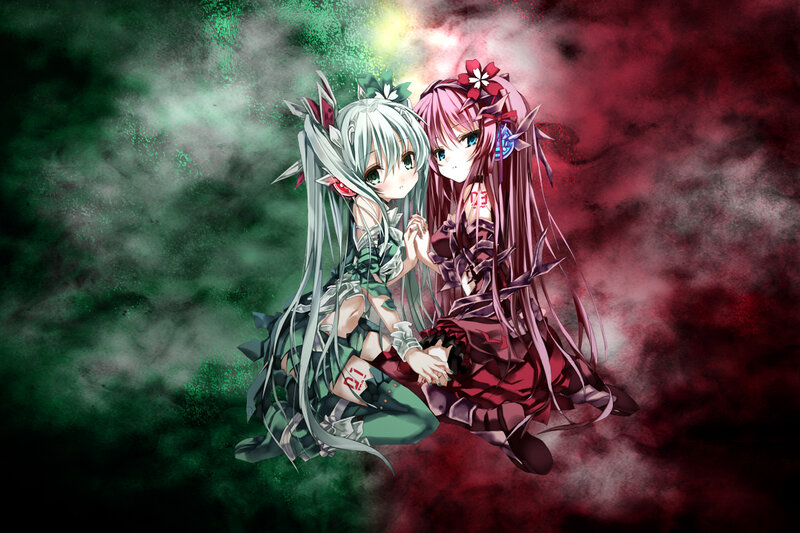 Two Anime Girls Holding Hands — Green, Dramatic