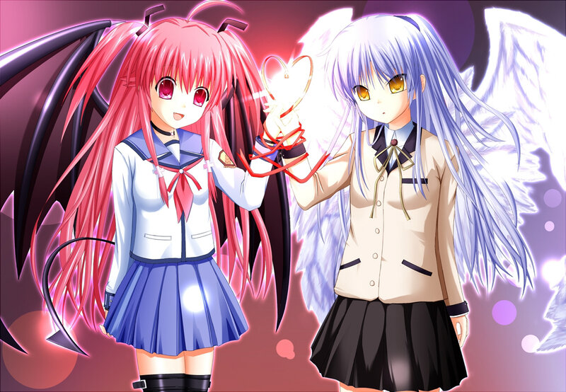 Two Anime Girls Holding Hands — Pink, Dramatic, Wings, School Uniforms, Heart, Tails
