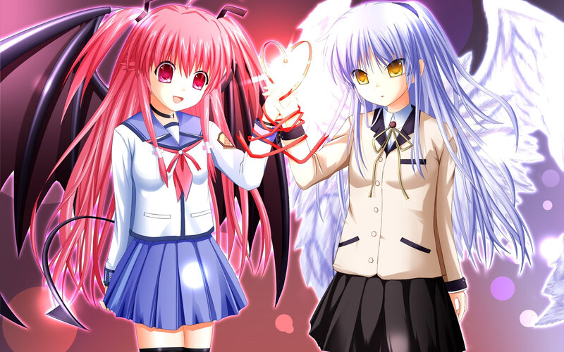 Two Anime Girls Holding Hands — Pink, Dramatic, Wings, School Uniforms