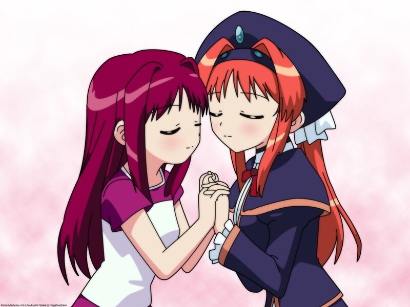 Two Anime Girls Holding Hands — Pink, Peaceful