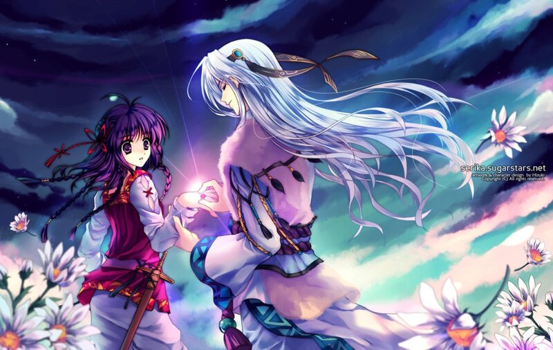 Two Anime Girls Holding Hands — Purple, Dramatic, Night