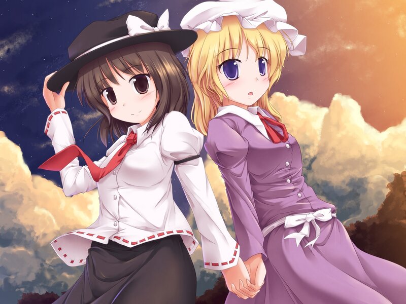 Two Anime Girls Holding Hands — Purple, Dramatic