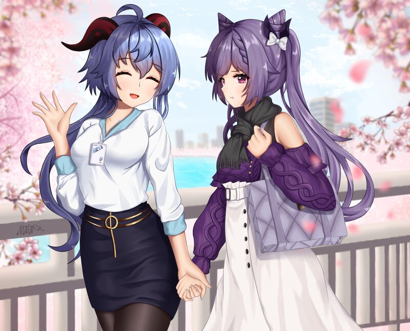 Two Anime Girls Holding Hands — Purple, Serene, Spring