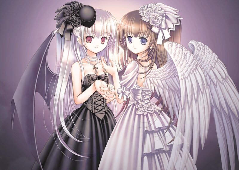 Two Anime Girls Holding Hands — Purple, Serene