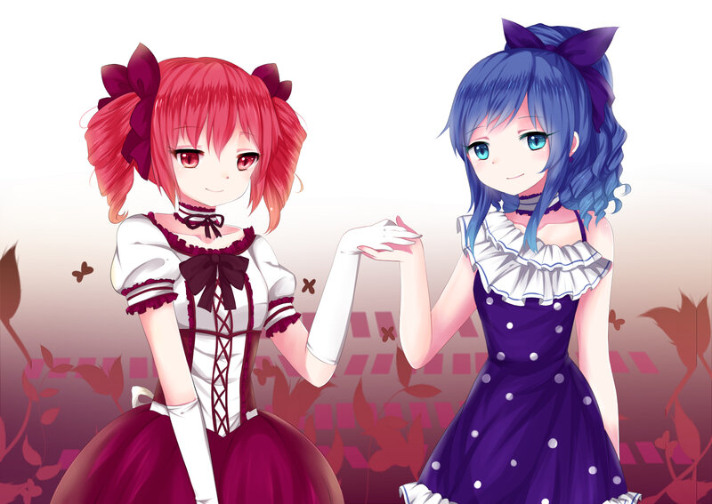 Two Anime Girls Holding Hands — Red, Calm