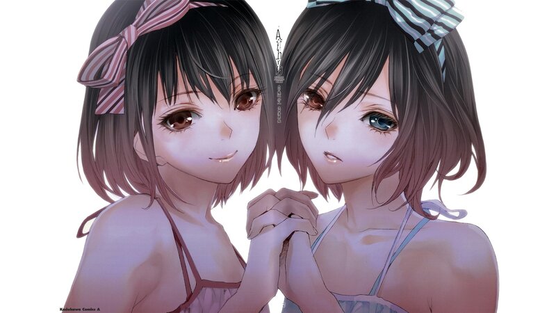 Two Anime Girls Holding Hands — White, Calm