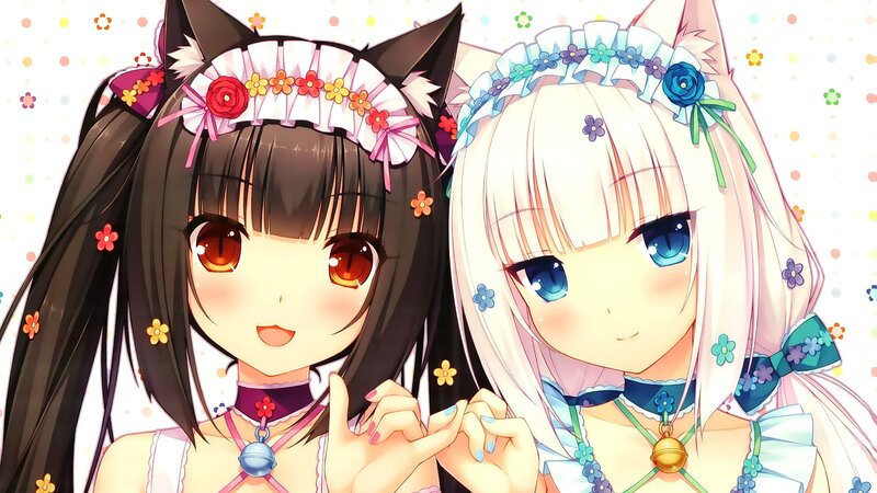 Two Anime Girls Holding Hands — White, Cheerful, Cat Ears, Flower Crowns