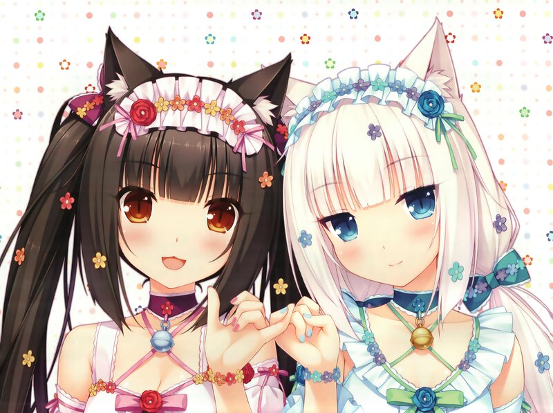 Two Anime Girls Holding Hands — White, Cheerful, Cat Ears