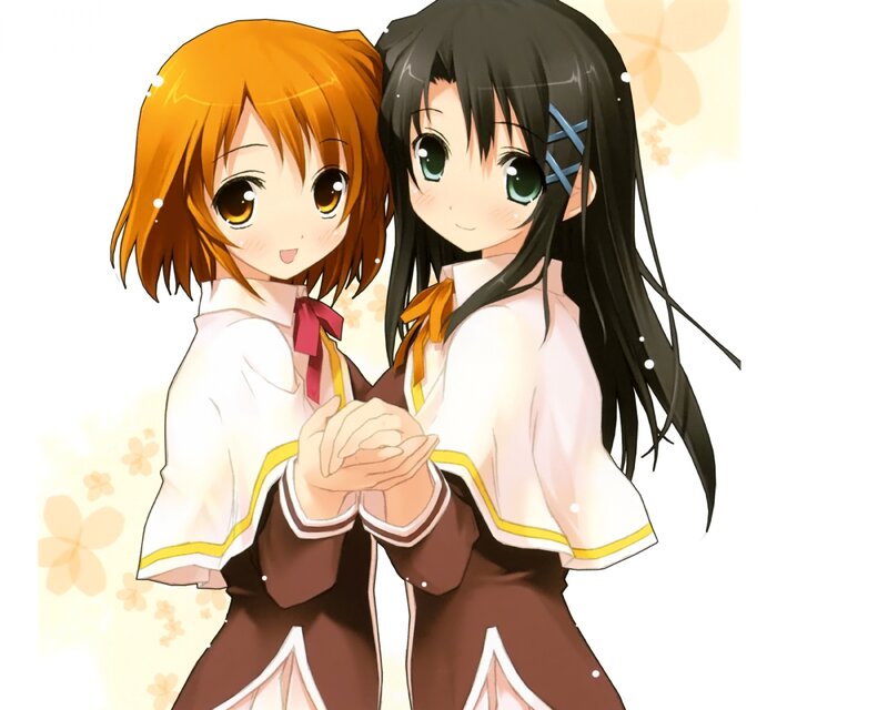 Two Anime Girls Holding Hands — White
