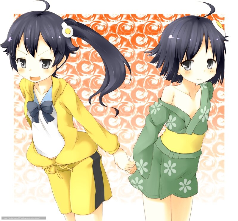 Two Anime Girls Holding Hands — Yellow, Playful