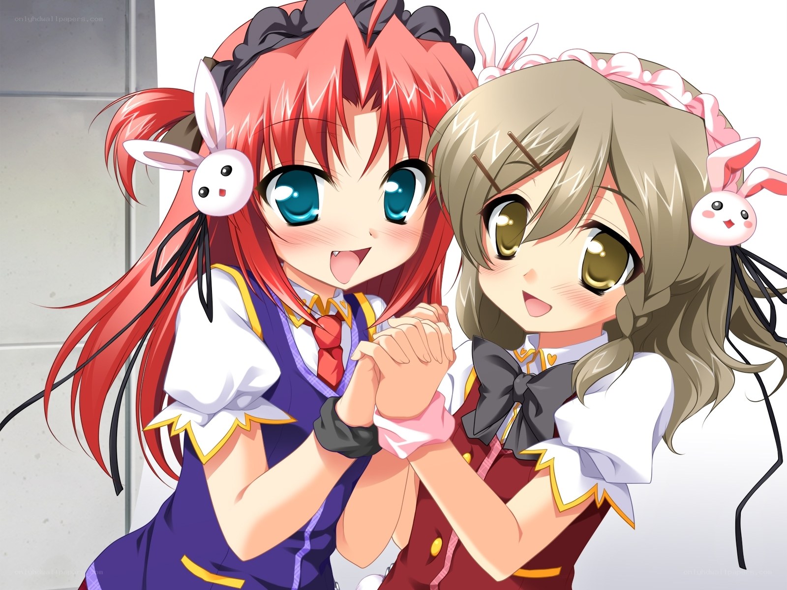 two anime girls holding hands