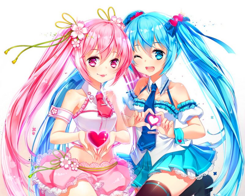 Two Anime Girls Holding Hearts — Pink