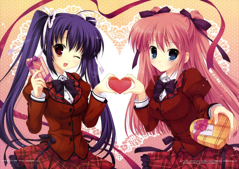 Two Anime Girls Holding Hearts