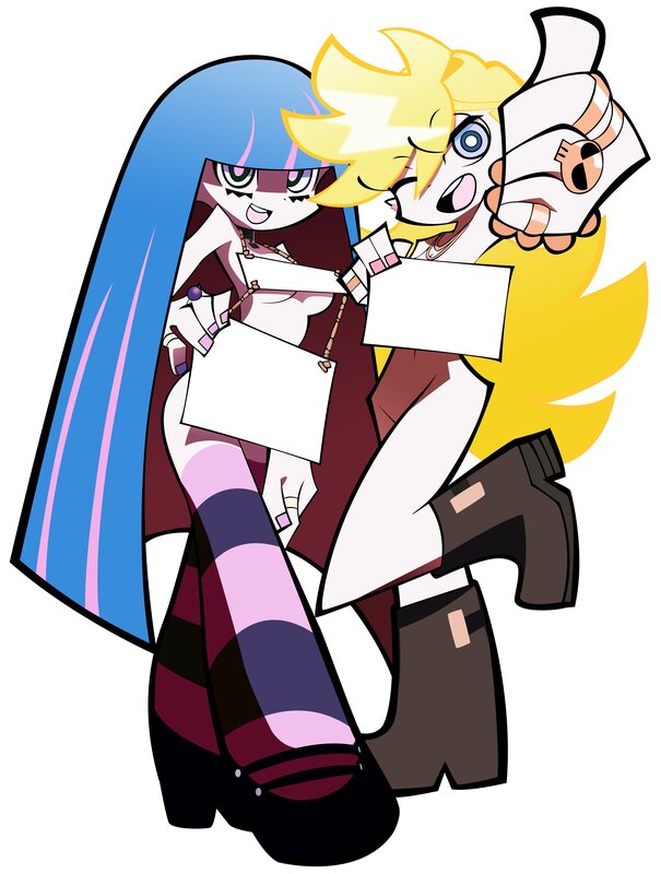 two anime girls holding signs