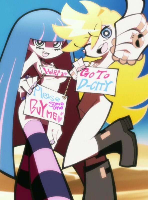 Two anime girls holding signs