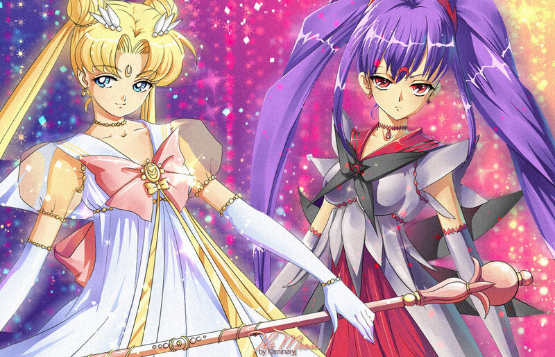 Two Anime Girls Holding Staffs — Purple