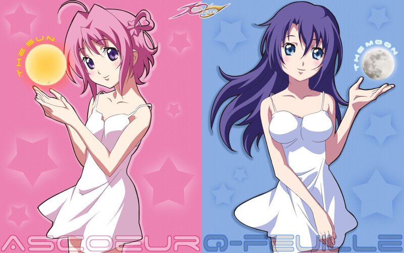 Two Anime Girls Holding Sun and Moon