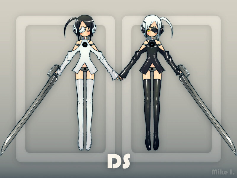 Two Anime Girls Holding Swords — White