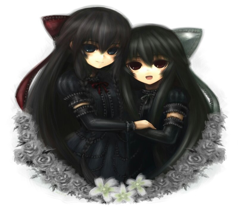 Two Anime Girls Hugging — Black, Cute