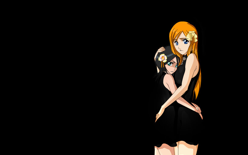 Two Anime Girls Hugging — Black, Dramatic, Black Dress