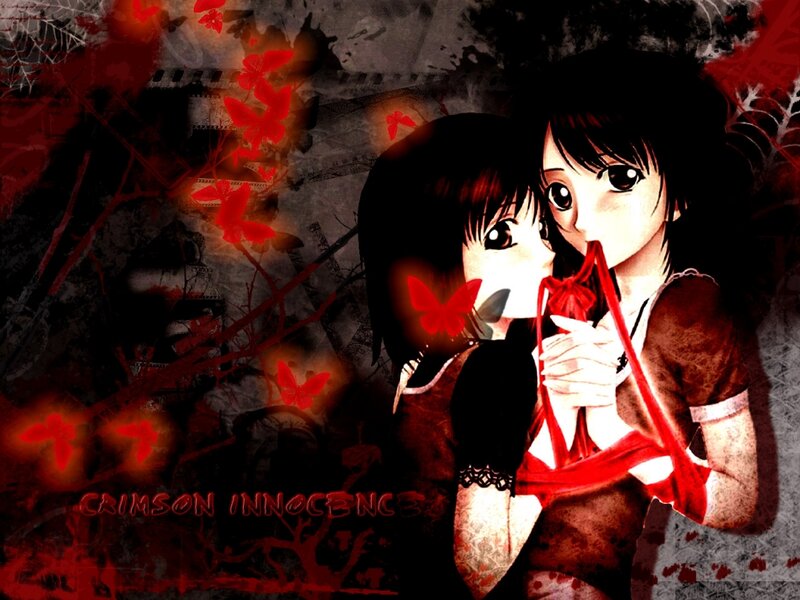 Two Anime Girls Hugging — Black, Dramatic, Butterflies