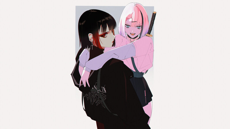 Two Anime Girls Hugging — Black, Dramatic, Sword