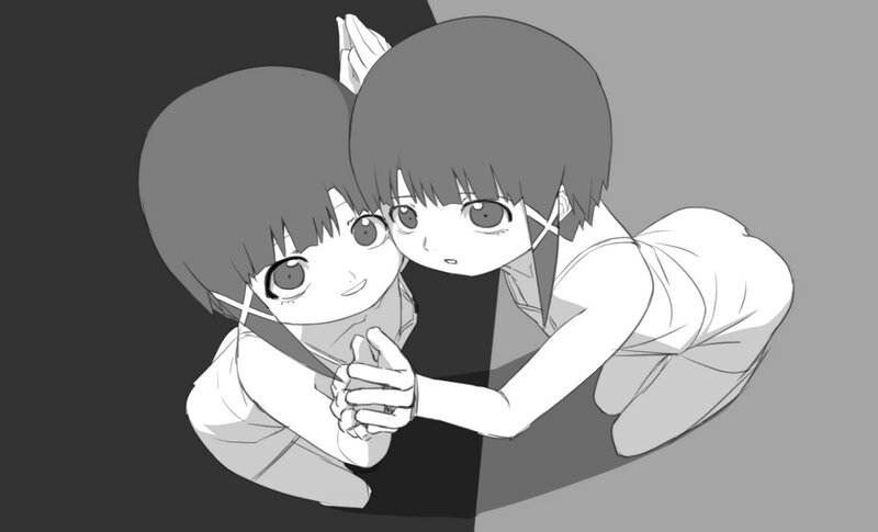 Two Anime Girls Hugging — Black, Intimate, Hands