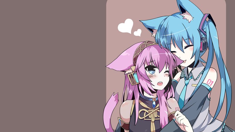Two Anime Girls Hugging — Blue, Affectionate, Cat Ears, Hearts