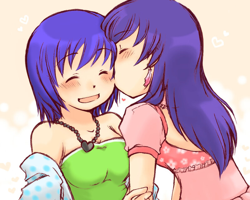 Two Anime Girls Hugging — Blue, Affectionate, Hearts